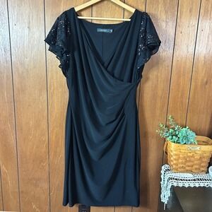 Lauren Ralph Lauren Black Sequin Sleeve Draped Sheath Dress Holiday Party Office